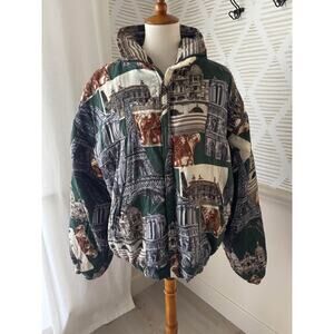 COACO XL Vintage 90s Silk Bomber Jacket World Monuments Print